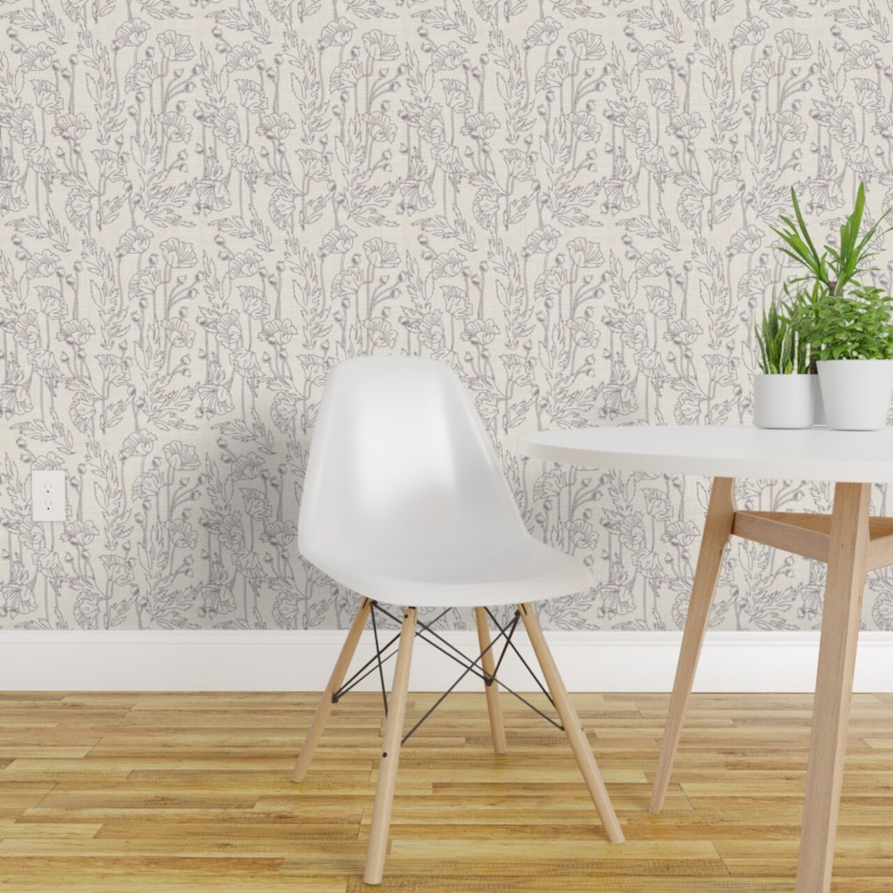 Peel & Stick Wallpaper 2FT Wide Poppy Grey Flower Vintage Modern Leaf Line Custom Removable Wallpaper by Spoonflower